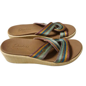 Women's Skechers Arch Fit Beverlee Belle Metallic Stripes Wedge Sandals sz 10